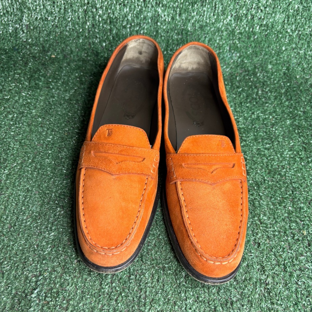 Tods Gommini Suede Penny Loafers Driver Moccasin Luxury Orange Womens Shoes 8.5 - Picture 2 of 12